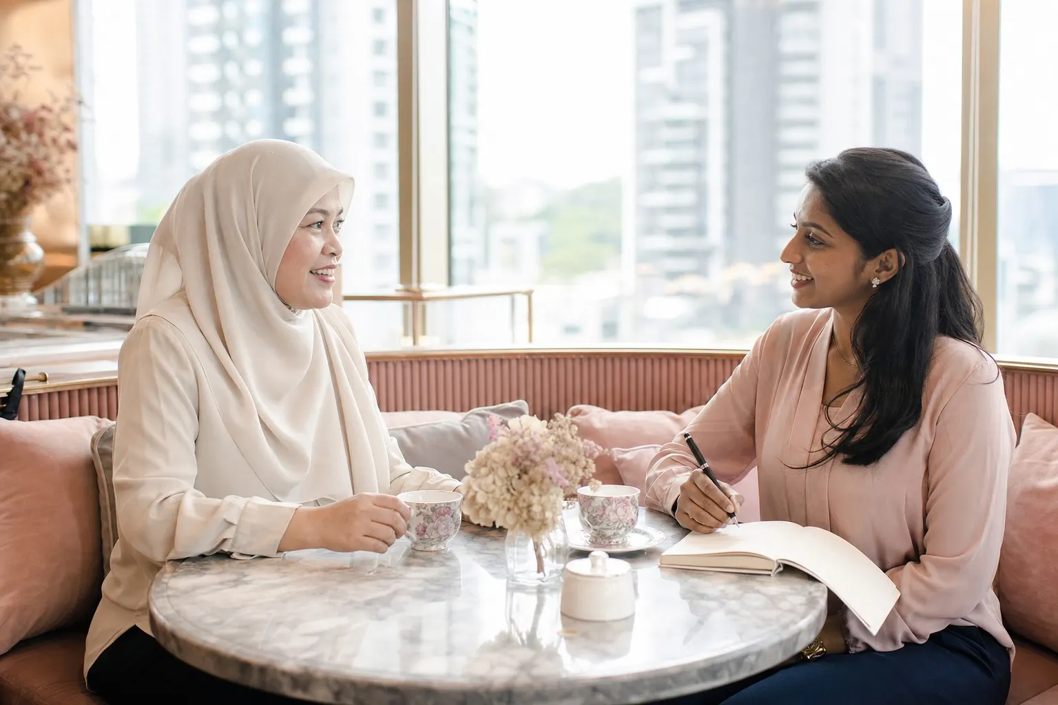 Two women in conversation over tea by a window