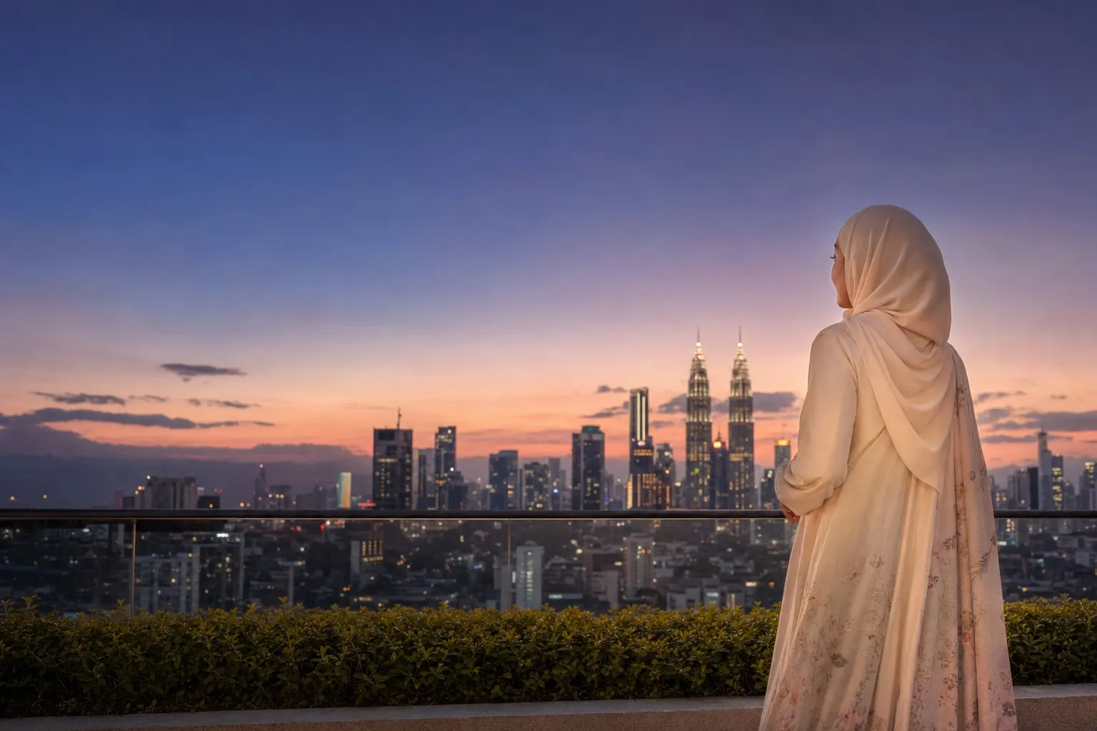 A woman in a long cream hijab watching the Kuala Lumpur skyline at dusk