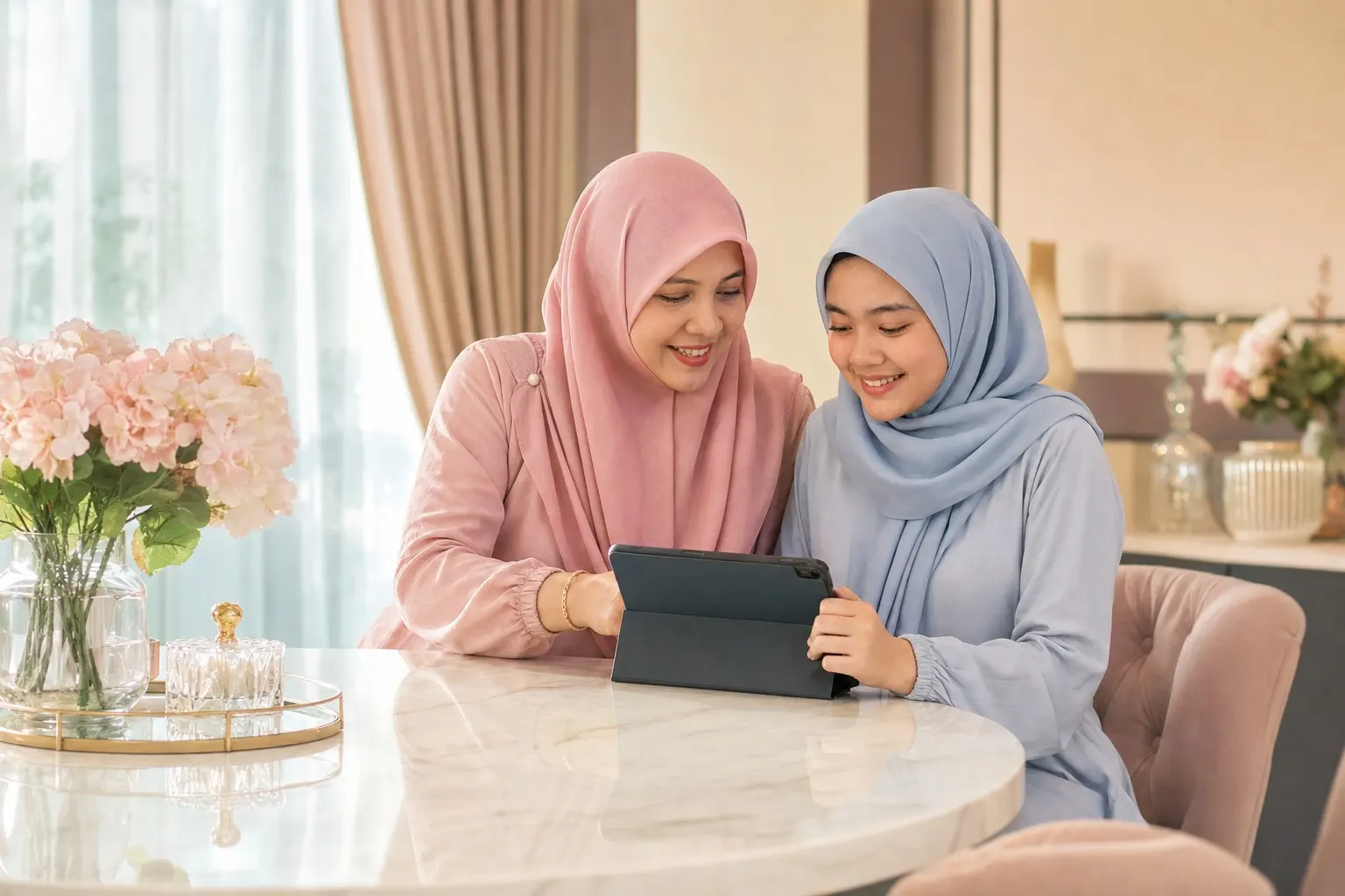 A mother and her daughter, both in hijab, looking at a tablet together at home