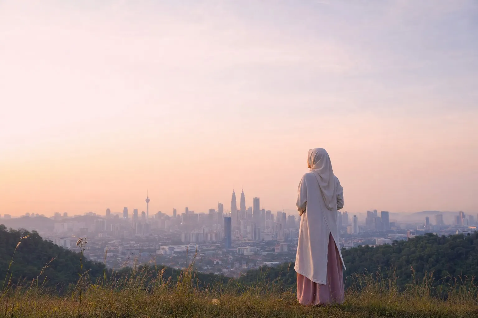 A woman in a white hijab and a long blush skirt stands on a grassy hilltop at sunrise, looking out over Kuala Lumpur