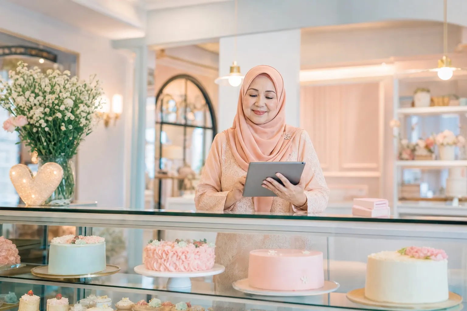 A woman in a peach hijab at the counter of her own cake shop, holding a tablet