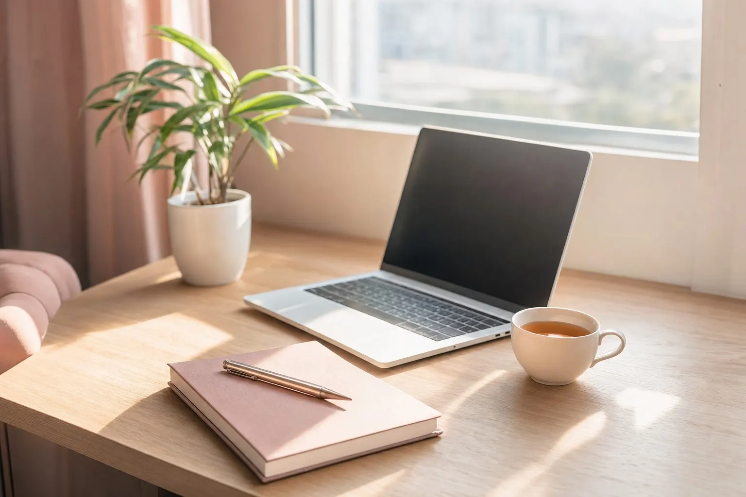 A calm desk with an open notebook, a laptop and a cup of tea in soft morning light